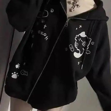 Cute  Print Hoodie Women's Oversized Fleece Lined Autumn Winter Jacket Korean Style Commute Friendly Regular Fit Zipper