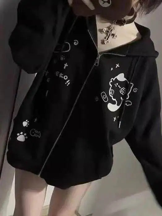 Cute  Print Hoodie Women's Oversized Fleece Lined Autumn Winter Jacket Korean Style Commute Friendly Regular Fit Zipper