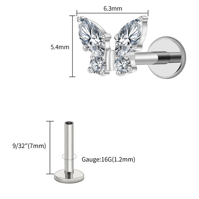 Right Grand ASTM F136 Titanium 16G Mini Butterfly CZ Labret Tragus Cartilage Conch Forward Helix Stud Nose Piercing Body Jewelry