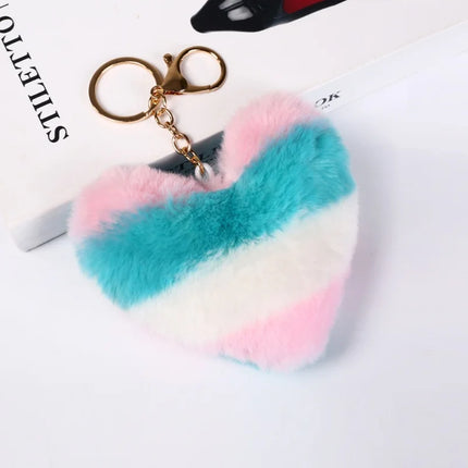 Rainbow Plush Ball Keychain Large Heart Pompom Key Chain for Women Car Bag Pendant Fashion Jewelry Fluffy Love Pompons Keyring