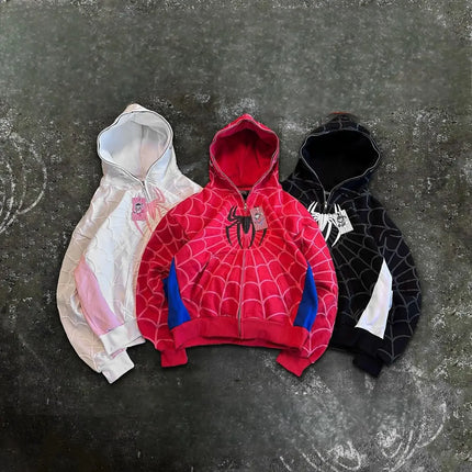 American Retro Zip Up Hoodie Cartoon Spider Foaming Embroidery Gothic Hoodies Harajuku Men Women Jacket Sweatshirt Y2k Clothing