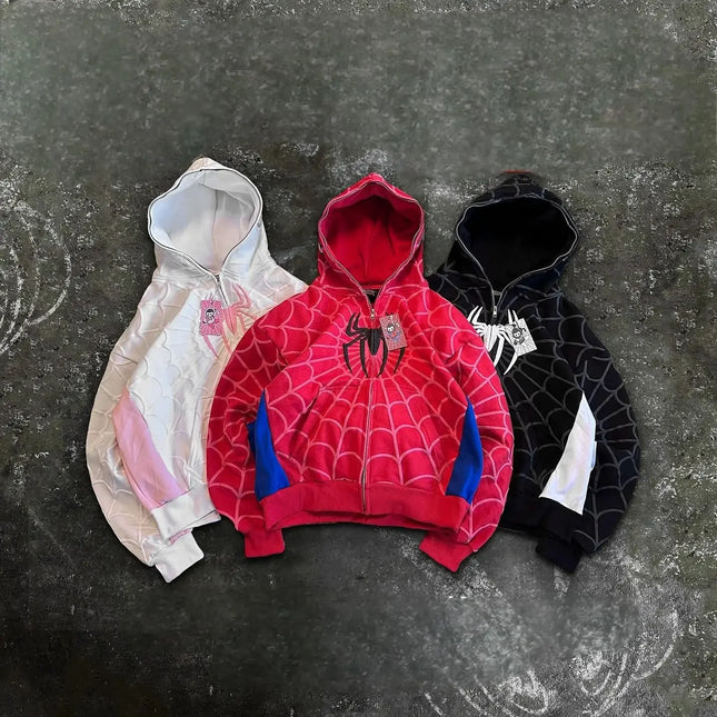 American Retro Zip Up Hoodie Cartoon Spider Foaming Embroidery Gothic Hoodies Harajuku Men Women Jacket Sweatshirt Y2k Clothing