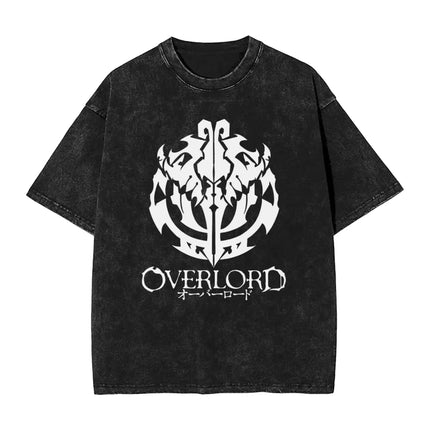 Vintage Washed Black OVERLORD Ainz Ooal Gown T-Shirt – Front Character Illustration with English Title & Japanese Name Text