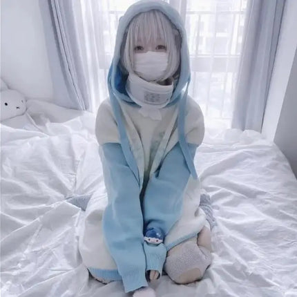Girls Sweatshirts Subculture Japanese Blue White Autumn Hoodies with Hooded Y2k Winter Women Kawaii Loose Trend Hoodies