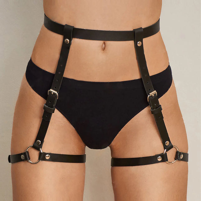 Women's PU Leather Harness Thigh Garter Belt with Chain, Sexy Lady Tight Bondage Lingerie, Gothic Rave Leg Harness Fetish Accessory