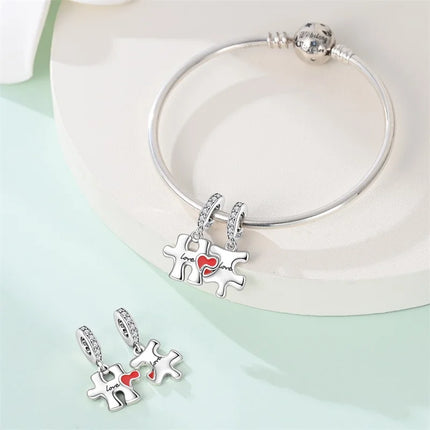 Original 925 Sterling Silver Charms Bead Inlaid Zirconium Jigsaw Puzzle Pendants Gift Fit Bracelet Jewelry DIY Marking