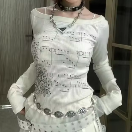 Y2K Aesthetic Fairy Off Shoulder Tops Women Long Sleeve Music Note Print Slim Fitted T-Shirt Ruffle Blouse Clothes
