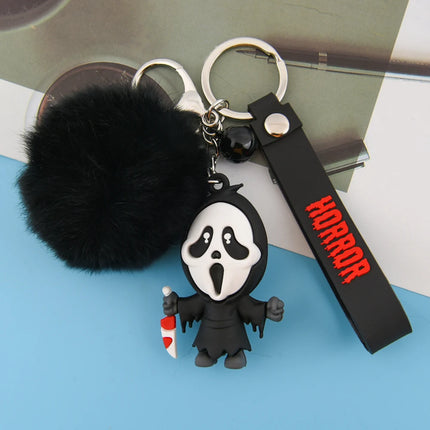 1pcs Creepy-Cute Horror Ghost Keychains With Black Fur Ball & Gothic Charm - Spooky Kawaii Keyring For Halloween Accessories