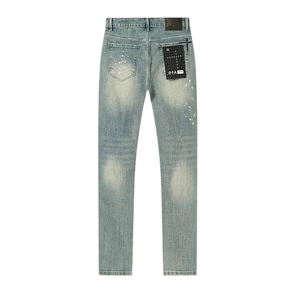 RTA Brand Men's Slim Fit Paint Graffiti Damaged Destroyed Hole Skinny Denim long Trouser Jeans Pants Streetwear
