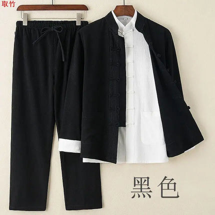 Men's Spring Summer Chinese Style Cotton Linen Long Sleeve Two-Piece Set Traditional Clothing Loose Fit Square Collar Shirt