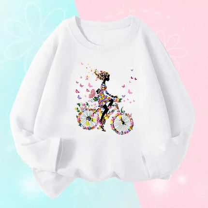 Kids T Shirt Floral Girl with Heart Bicycle Print Tops Girls Casual Cute Graphic Tee Shirt Long Sleeve Cartoon T-shirts