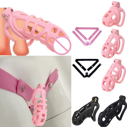 Black or Pink Male Penis Cage Chastity Cage Lock Device w/4 Rings Virginity Device 5 Sizes