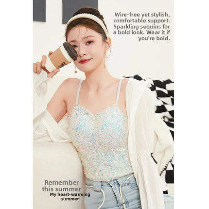 Small Sequin Ball One-Piece Fixed Vest Wrap Chest Base Layer Brtte for Girls Summer Outing ort High Elastic Polye...