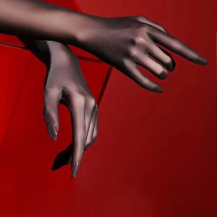 Women Sexy Black Oil Glossy Long Gloves Transparent Silky Summer Sunscreen Sleeves Cosplay Stage Performance Nightclub Dance