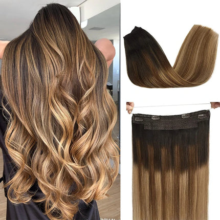 Wire Hair Extensions Real Human Hair Balayage Dark Brown to Chestnut Brown Invisible Transparent Remy Fish Line Hair Extensions