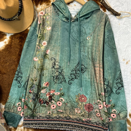 Women's Casual Fashion Round Neck Pullover Sweatshirt Western Ethnic Style Retro Printed Sweatshirt Hoodies