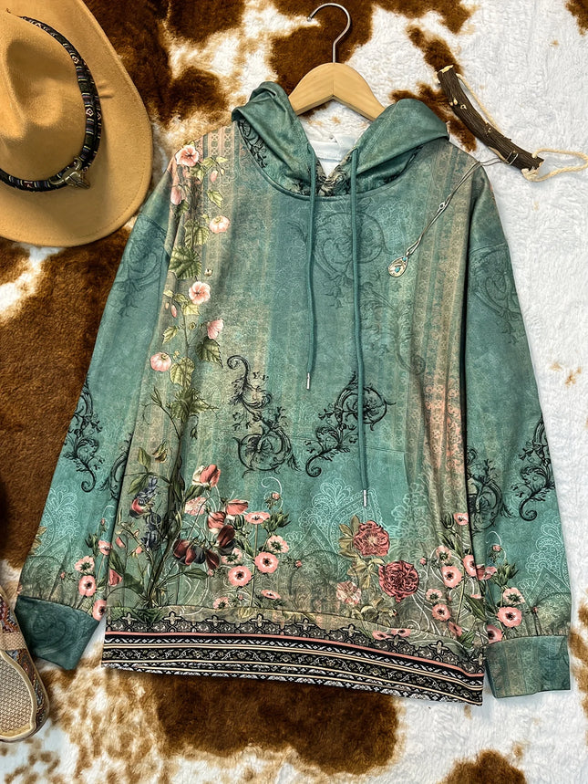 Women's Casual Fashion Round Neck Pullover Sweatshirt Western Ethnic Style Retro Printed Sweatshirt Hoodies