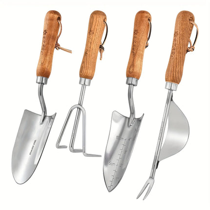 4pcs/set Heavy-duty Garden Tool,Durable Stainless Steel And A Sturdy Wooden Handle. Includes Hand Shovel, Trowel, Garden Rake