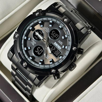 SKMEI Men Dual Display Watch Countdown Steel Strap Electronic Wristwatch Three Time Clock Digital Quartz Watch Relogio Masculino