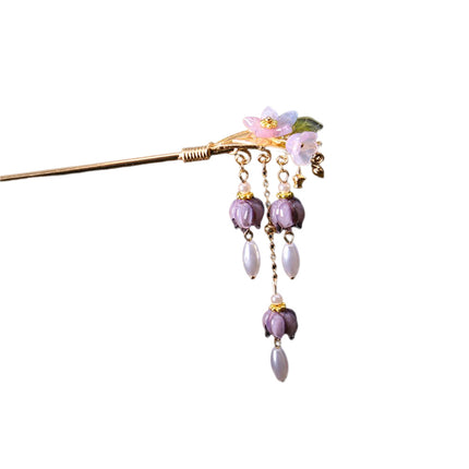 Chinese Purple Flower Hair Sticks Hanfu Decor Hairpins For Girls Tassel Pearl Hair Bun Chopsticks Retro Party Hair Clasp Jewelry