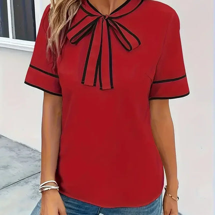Women Fashion Elegant Plus Size 1XL-5XL Red Bow Half-Sleeve Blouse Shirt Ladies Casual Elegant Blouse Short Sleeve Shirt