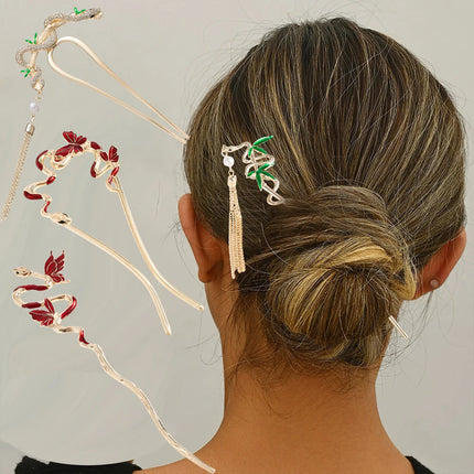 Serpentine U-Shaped Hair Stick Hairpin Snake Butterfly Tassel Hair Stick New Coiled Hair Alloy Women Jewelry Hair Accessories