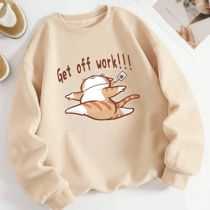 Get Off Work Happy Cat Prints Hoodies Women Winter Basics Pullovers Fleece Warm Soft Sweatshirts Casual Woman Autumn Clothes