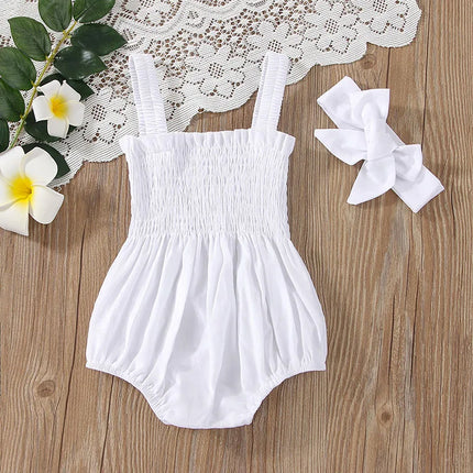 Baby's Clothes Summer Jumpsuit Outfit Solid Color Ruched Toddler Girl Casual Sleeveless Suspender Kids Rompers Headband Set