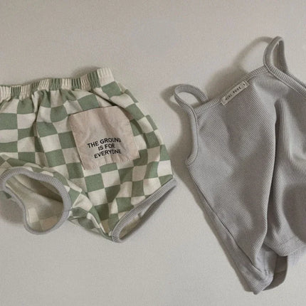 Korean Style Ins Fashion Kids Tank Top & Checkered Shorts Set Boys Girls Summer Lightweight Cotton Clothing New 2025‌