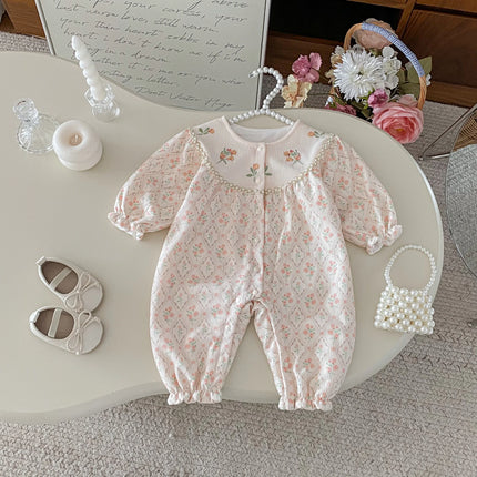 Autumn and winter girls' clothing: one-piece pants, flower-patterned long sleeves, long crawl