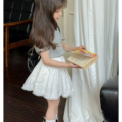 Girls' 1-12Y Korean-Style Knitted Lace-Trimmed Short-Sleeve Summer Ruched Tops: Trendy, Breathable, Bow Tie, Versatile Tee