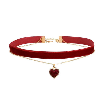 Women Choker Necklace Double-Layer Velvet Choker with Heart Pendant Adjustable Chain Necklace Fashion Jewelry