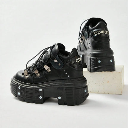 Punk Style Women Black Shoes Rock Metal Decor Lace-up Heel Height Platform Shoes Gothic Man Sneakers Women Ankle Boots 2025 New