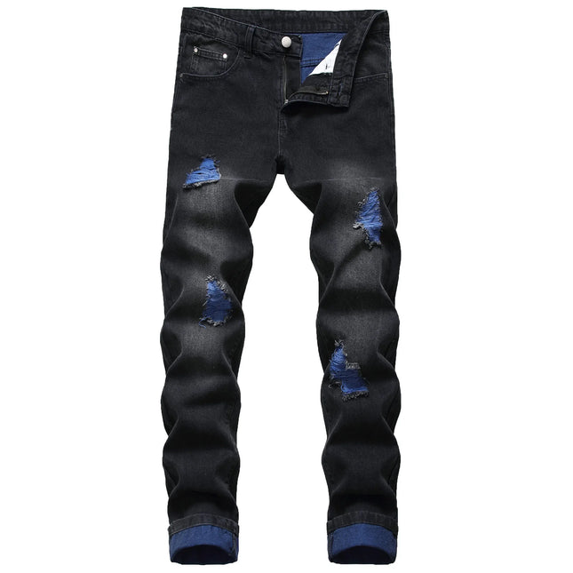 High Quality Men Casual Black Jeans Paint Slim Straight Hole Biker Jeans Autumn Jean Homme Male Denim Pants Plus Size