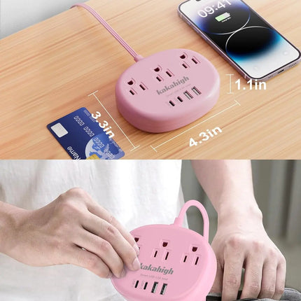 Pink USB C Power Strip - 5FT Extension Cord with 3 AC Outlets & 4 USB Ports, 1625W/24W, Compact Kawaii Desk Charging Station