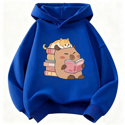 Cute Cat with Capybara Reading Book Hoodies Children's Sweatshirt Hoody for Boys Girls Spring  Casual Hoodie