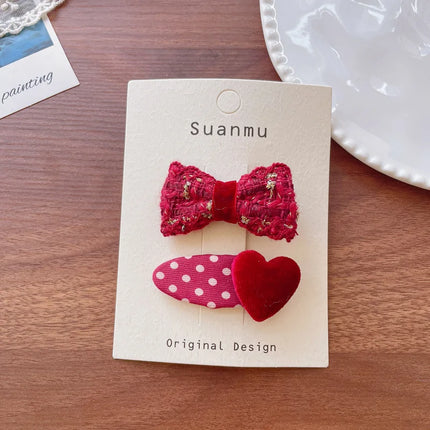 Korean Wine Red Velvet Children's Hair Clips Stylish Versatile Fabric Bow Broken Bangs Clips New Year Christmas Girls' Hairpins