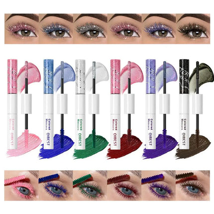QIBEST Double-Ended Diamond Glitter Mascara Lasting Colored Mascara Eyelashes Pink Blue Green Red Voluminous Mascara Rimel