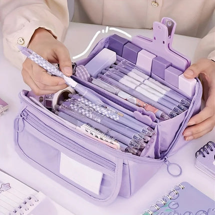 Large Capacity Pencil Case Organizer - Multi-Compartment Desktop Storage for School & Office Supplies ( Pink/Purple/Black)