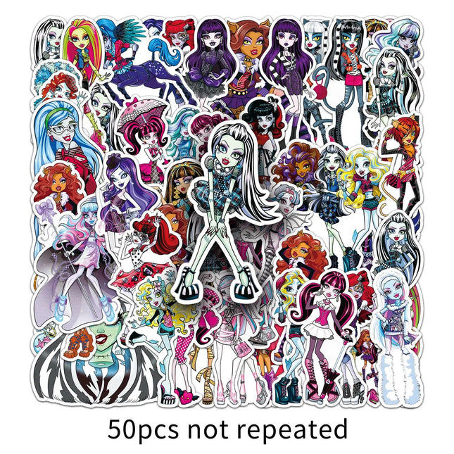50pcs Monster High Stickers PVC Waterproof DIY Motorcycle Phone Laptop Skateboard Bike Cartoon Decal Toys