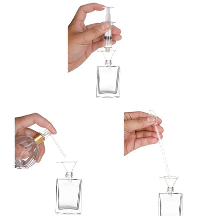 6Pcs+4 Accessories 30ml/1 oz Clear Black Refillable Perfume Bottle, Portable Square Empty Glass Perfume Mist Bottle.