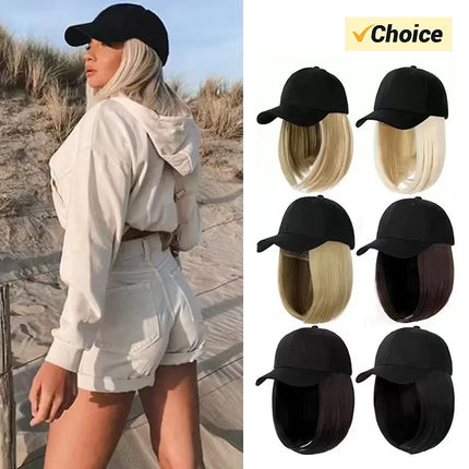Baseball Cap With Wigs 12 Inch Short Straight Bob  Adjustable Hat Wgs Glueless synthetic Wig Cap With Extensions