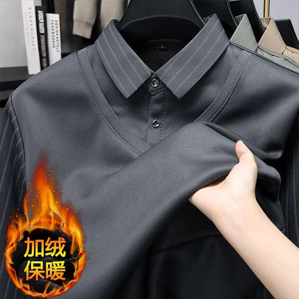 Men's Winter Thickened Fleece Lined Knitwear Polo Shirt Long Sleeve Loose Fit Solid Color Thermal Base Layer Two-Piece Look