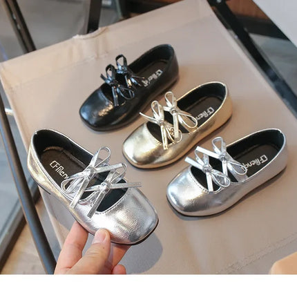 Kids Dance Performance Shoes Square Black Solid Color Girls Princess Shoe with Double Bow 2024 New Girls Leather Shoes Soft Sole