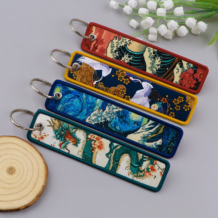 Japanese Van Gogh Art Waves Key Tag Keychains Women Koi Fish Keychain for Car Motorcycles Keys Keyring Men Holder Jewelry Gifts