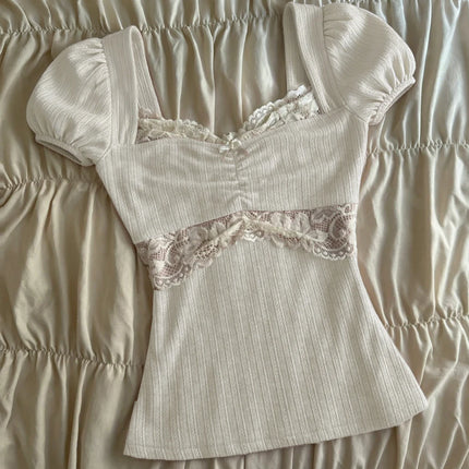 Summer Lace Patchwork Coquette T-shirt Ribbed Knit Slim Fit Milkmaid Tees Women Short Sleeve Y2k Grunge Crop Tops Aesthetic