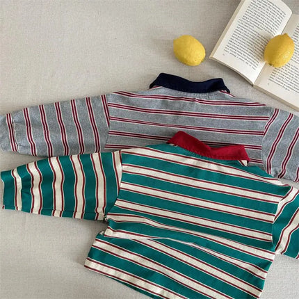 New 2026 New Spring Baby Boys Striped Polo Shirts Long Sleeve Tops Korean Style Toddlers Kids Casual T-shirts