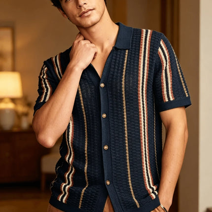Men's Vintage Striped Knit Polo Shirt, Casual Summer Short Sleeve Top for Daily Wear & Weekend Outings