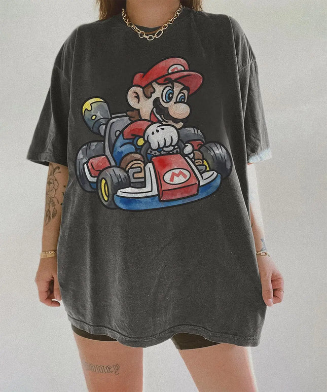 Vintage Super Mario Kart T-shirt Men and Women Summer Cotton Y2K Clothing Cartoon Round Neck Short Sleeved Tee Streetwear