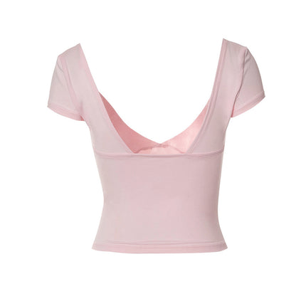 Lamuusaa y2k Tops Women Summer Clothes Sweet Solid Color V Neck Short Sleeve T Shirts Tanks 2000s Aesthetic Tees Streetwear